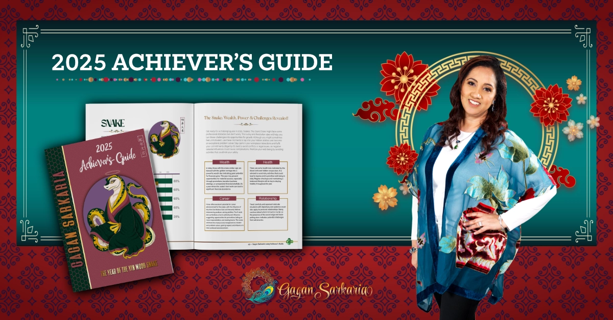 Image of the 2025 Achiever's Guide book, featuring a decorative dragon symbolizing the 2024 Wood Dragon Year and a woman standing beside it. The background is ornate, adorned with rich red floral accents. Image of the 2025 Achiever's Guide book, featuring a decorative dragon symbolizing the 2024 Wood Dragon Year and a woman standing beside it. The background is ornate, adorned with rich red floral accents.