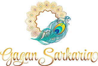 A gold and purple logo featuring a peacock feather designed by Gagan Sarkaria, a high achievement coach and abundance manifestation expert.
