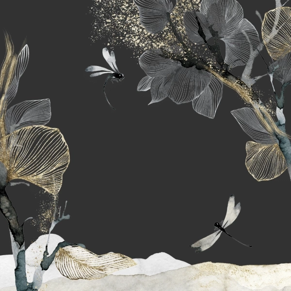 A Soulful design case study showcasing a black and gold painting adorned with dragonflies and leaves. A Soulful design case study showcasing a black and gold painting adorned with dragonflies and leaves.