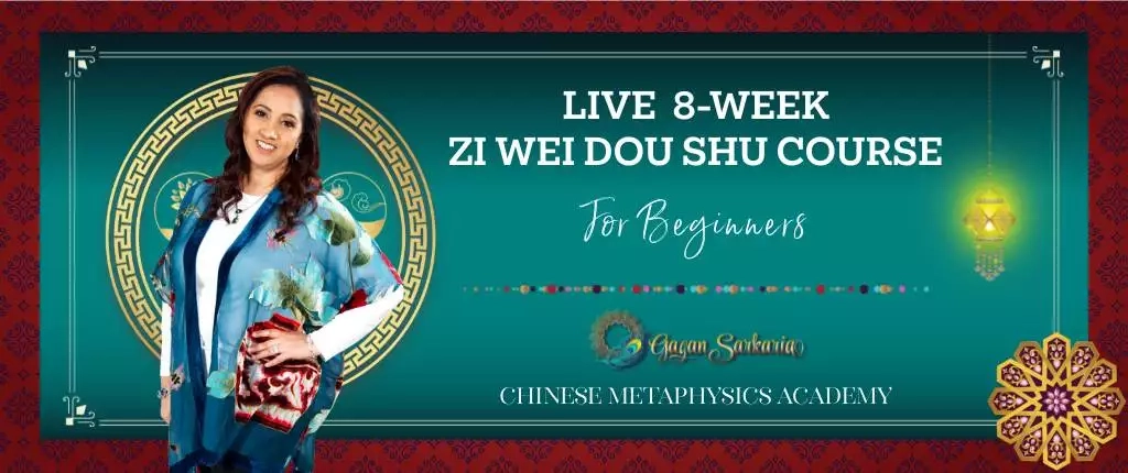 A woman in a blue dress offering a live 8-week Zi Wei Dou Shu course.