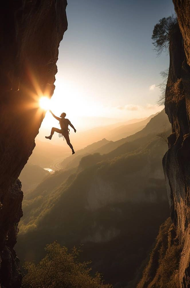 A climber performing a daring jump off a cliff at sunset, defying gravity with sheer adrenaline. A climber performing a daring jump off a cliff at sunset, defying gravity with sheer adrenaline.