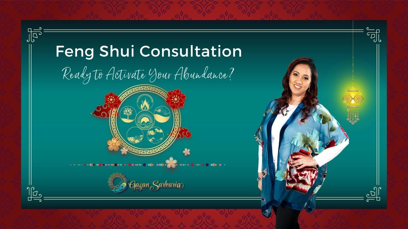 Advertisement for a Feng Shui consultation featuring a smiling woman on the right, with text and decorative symbols on a teal and red background. Advertisement for a Feng Shui consultation featuring a smiling woman on the right, with text and decorative symbols on a teal and red background.