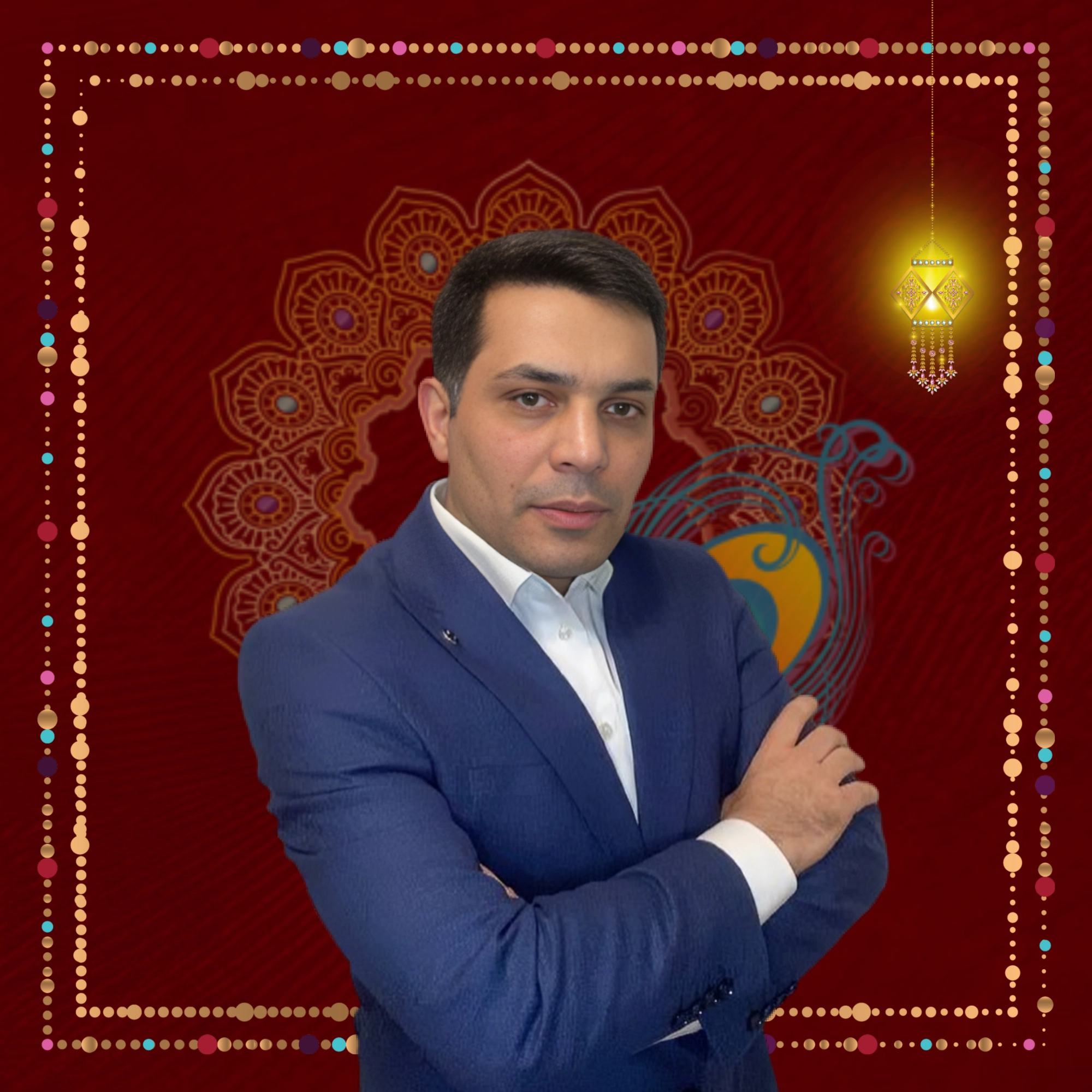 A man in a blue suit with his arms crossed against a red patterned background, adorned with a decorative border and a small hanging lantern, exudes the wisdom characteristic of Soulful Consultants.