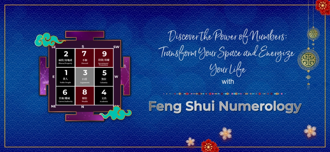 Promotional image for Feng Shui Numerology featuring a colorful chart with numbers, directional labels, and text stating: Promotional image for Feng Shui Numerology featuring a colorful chart with numbers, directional labels, and text stating: