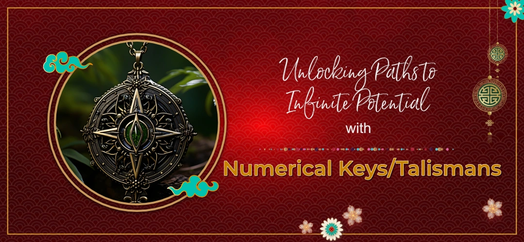 A decorative pendant with intricate designs is featured against a red patterned background, promoting the message A decorative pendant with intricate designs is featured against a red patterned background, promoting the message