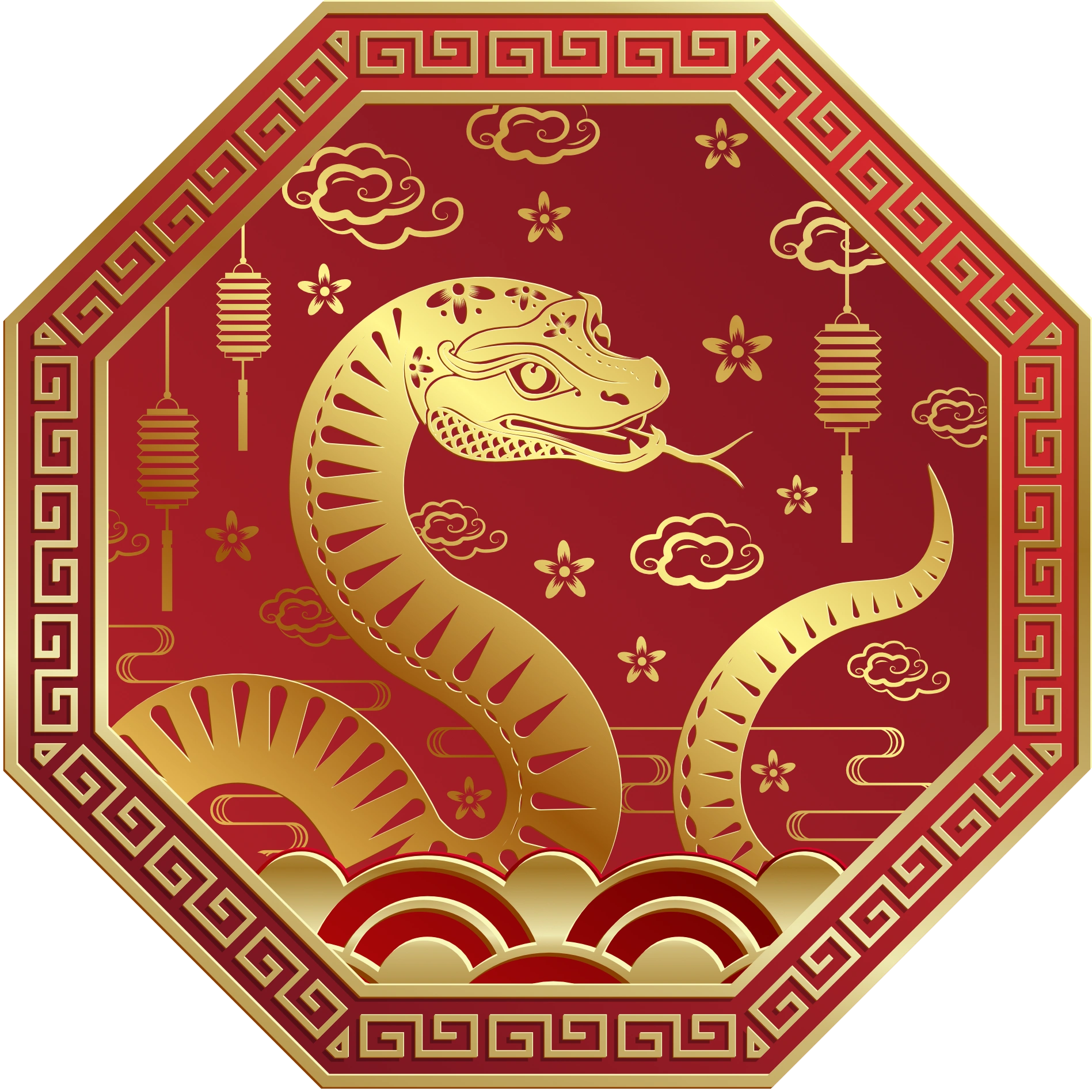 Red octagonal design with a golden snake, floral patterns, clouds, and hanging lanterns. The image has a traditional, ornamental style reminiscent of Chinese Metaphysics. Red octagonal design with a golden snake, floral patterns, clouds, and hanging lanterns. The image has a traditional, ornamental style reminiscent of Chinese Metaphysics.